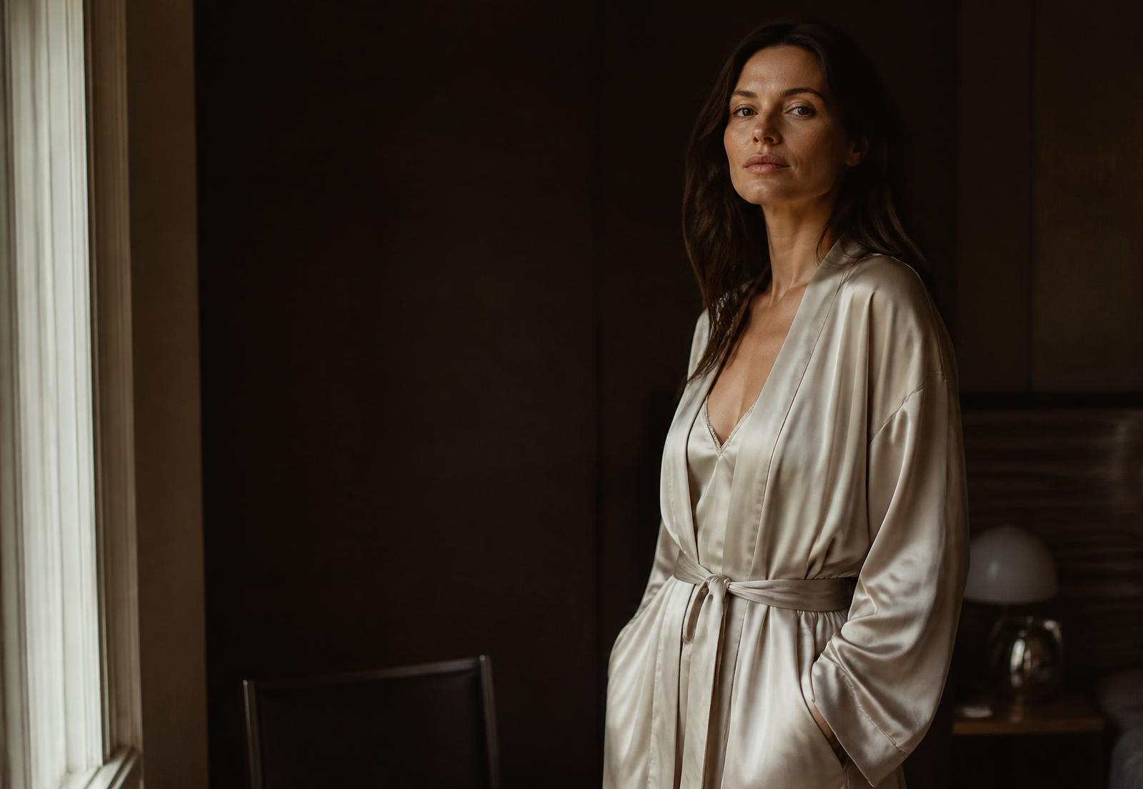 A woman in a silk robe photographed in soft window light for a fashion campaign
