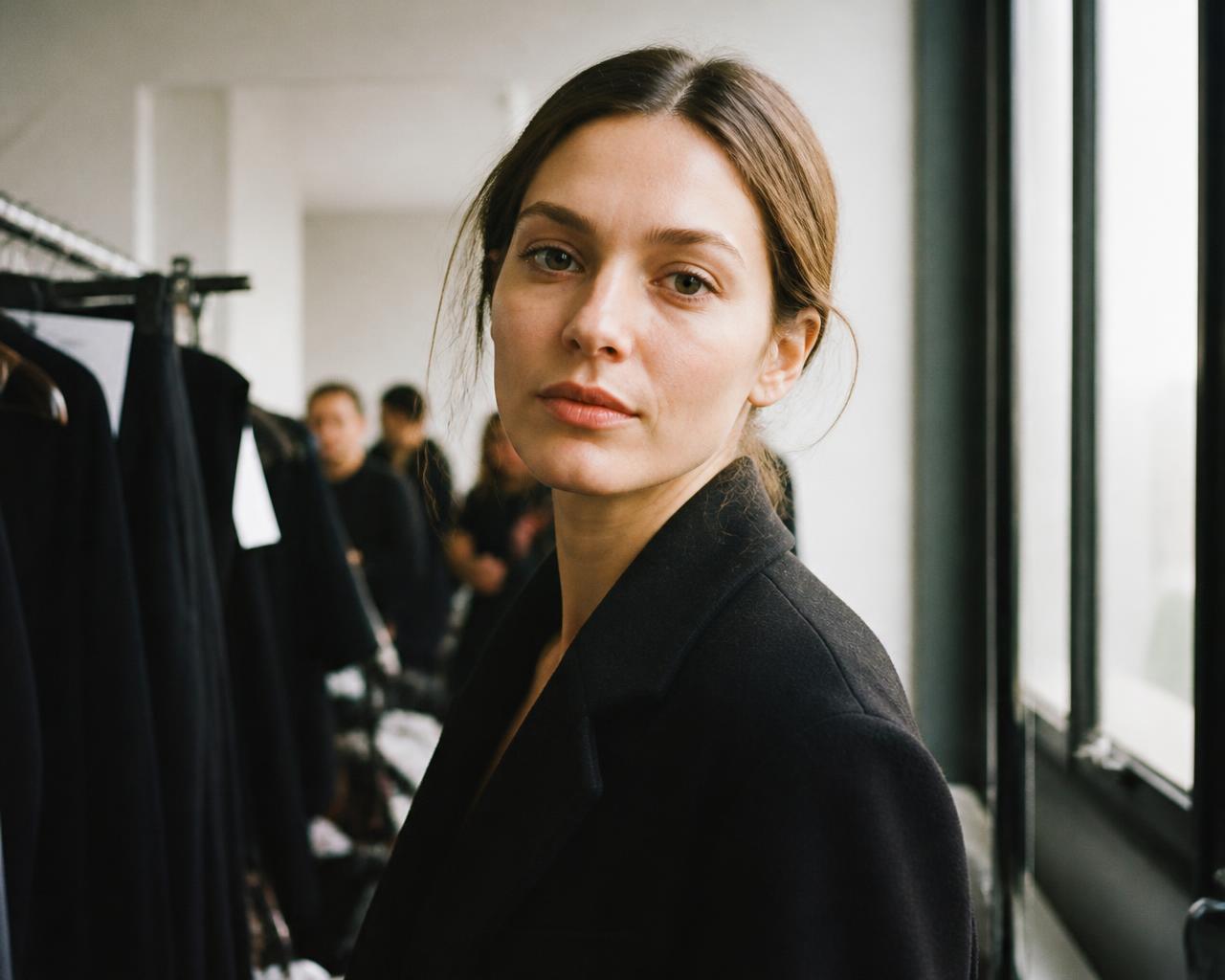 A curvy woman of average height walking a runway during a Milan fashion show